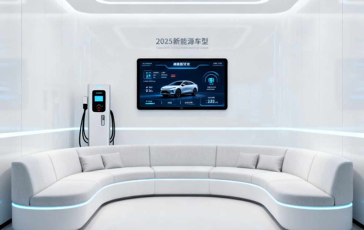 AG贵宾厅2025年即将推出的新能源车型专属休息区概念渲染图，明亮现代的白色空间内设有高速充电桩状态显示屏和舒适的环绕式沙发。