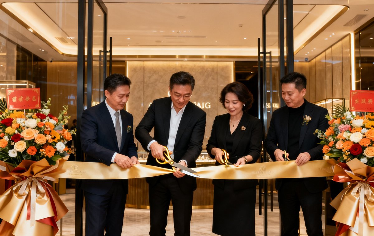 AG贵宾厅成都万象城旗舰店开业剪彩仪式，门店大门两侧摆放着祝贺花篮，创始人与嘉宾共同持金剪刀剪彩，背景可见门店招牌。