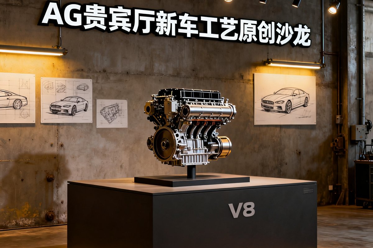 AG贵宾厅新车工艺原创沙龙，中央展示台上摆放着一台拆解展示的V8发动机模型，墙面悬挂汽车设计手稿，柔和的轨道射灯照亮每一处工业美学细节。