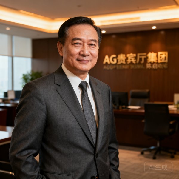 AG贵宾厅集团创始人陈启铭先生，五十岁左右，身着深灰色西装，背景为集团总部办公室，神情自信而沉稳。