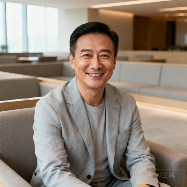 AG贵宾厅集团客户关系总监赵立恒先生，四十二岁，微笑亲和，身着浅灰色休闲西装，坐在贵宾厅沙发区。